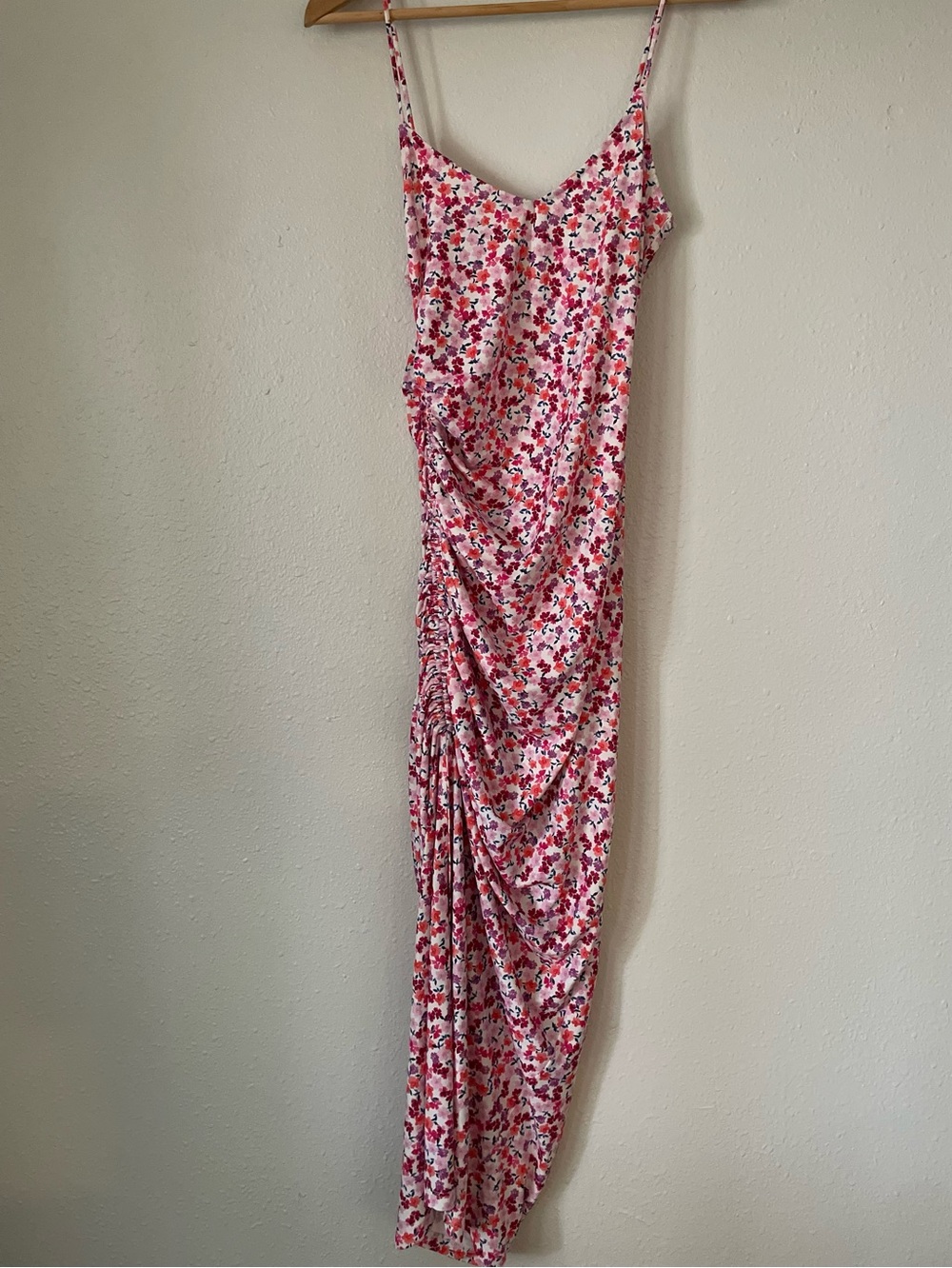 Bershka midi Pink and Red Floral Ruched Slip Dress size L